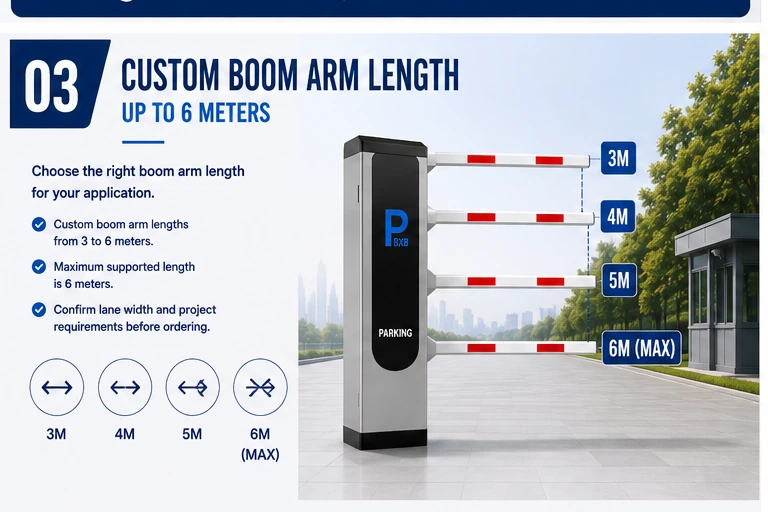 Custom boom barrier arm lengths from 3 to 6 meters